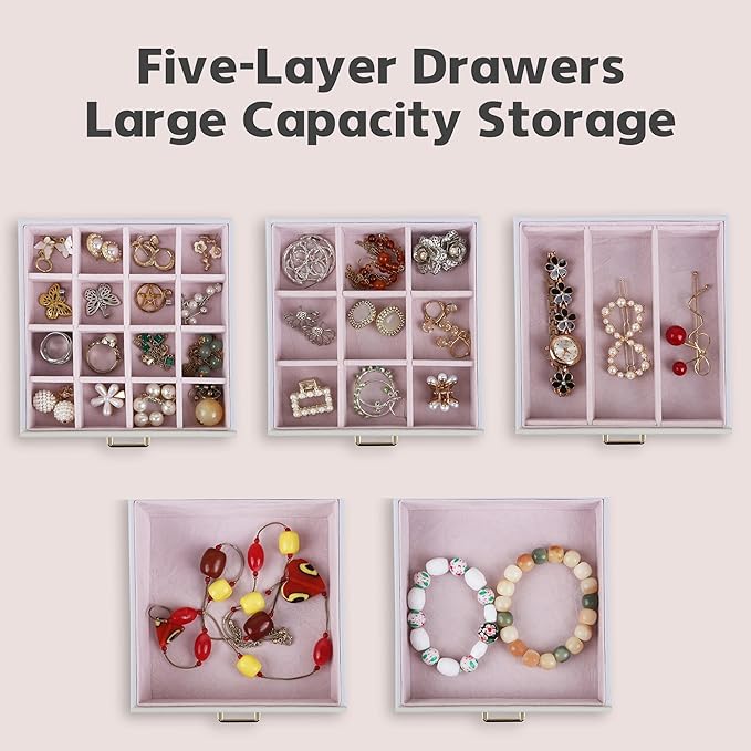 Kendal Jewelry Box, 6-Layer Jewelry Storage Organizer for Necklace Bracelet Rings Watch, 10.2"x8.2"x6" Classic PU Leather 5 Drawers Large Storage Capacity with Mirror-CubbioJoy