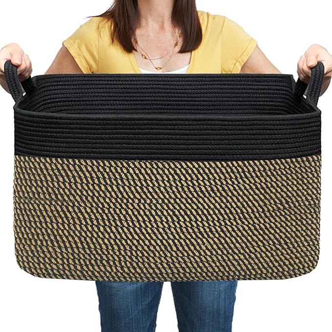 COMFY-HOMI Large Rectangular Blanket, Cotton Rope Woven for Storage, LaundryHamper, Storage,Toy Organizing Bin with Handle, Organizer and Storage-22x15x12-Black/Jute-CubbioJoy