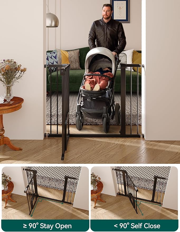 Babelio 36.5-57" Extra Wide Baby Gate with Cat Door,Auto Close&Two Way Swing,Pressure Mounted Dog Gates for Stairs,Doorways,Includes 4 Wall Cups and 3 Extension Pieces,Black-CubbioJoy