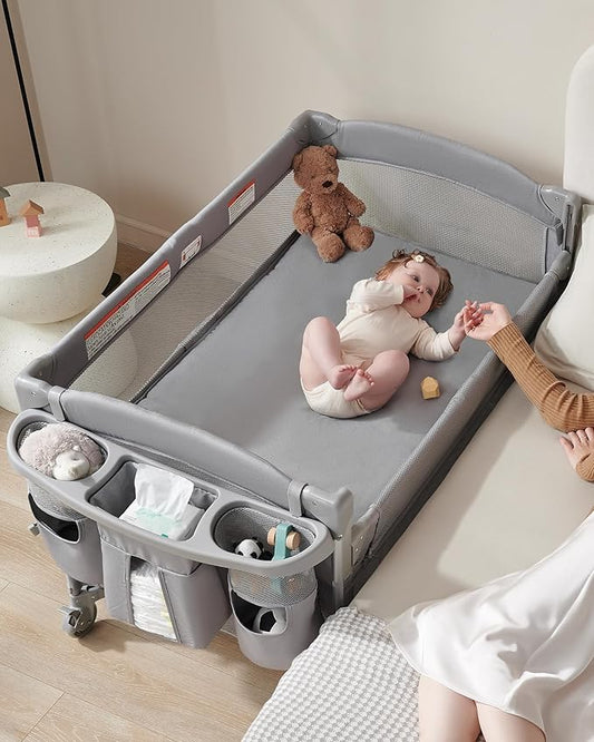 AirClub 4 in 1 Baby Bassinet Bedside Sleeper, 4 Functions Crib, Playard, Portable Changing Table, Bassinet for Newborn Baby, Bedsaide Bed w/Wheels&Brakes-CubbioJoy