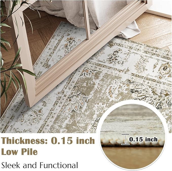 jinchan Hallway Runner Rug 2x10 Machine Washable Runner Rug Taupe Vintage Floral Design Non-Slip Ultra-Thin for Kitchen Laundry Room Bedroom Farmhouse (2‘x10',Taupe)-CubbioJoy