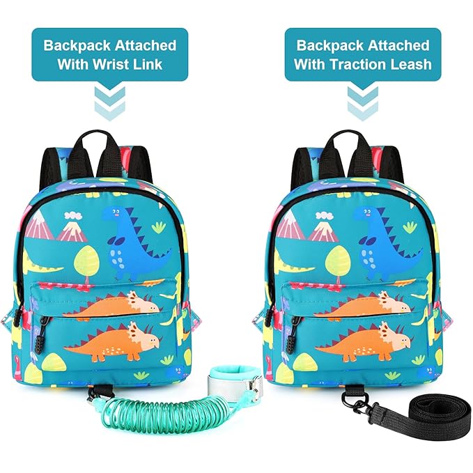 Accmor Toddler Backpack Leash with Anti Lost Wrist Link, Cute Mini Child Walking Harnesses Keep Kids Close Back Pack Rope Tether Rein for Baby Boys (Turquoise/Dino)-CubbioJoy