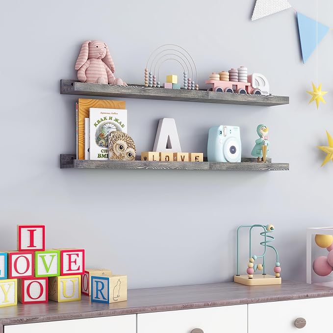 36 Inches Floating Shelves for Wall, Solid Pine Wood Picture Ledge Shelves, Wall Shelves with Lips, Nursery Book Shelves for Toys Storage Living Room Bedroom Photo Frames (2 Pcs, Grey)-CubbioJoy