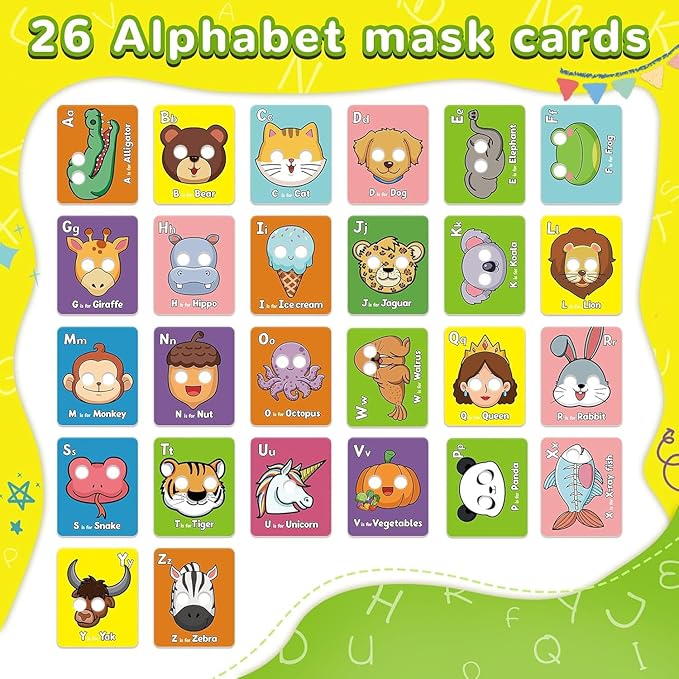 26 PCS Alphabet ABC Flash Cards with Animal Masks, Colorful Alphabet Mask Cards, Giant Letter ABC Animal Faces Flash Learning Flashcards, Interactive Education Games, Learn Letters-CubbioJoy