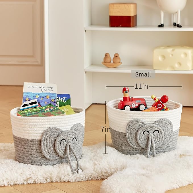 Adorable Small Elephant Cotton Rope Basket - Gift Empty Baskets - Toy Storage Basket, Woven Basket for Baby Essentials, Decorative Woven Basket for Nurseries and Playrooms (11"x7")-CubbioJoy