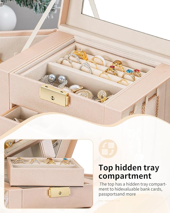 AKOZLIN 5-Tier Jewelry Box Leather Jewelry Storage Organizer with 4 Drawers Lockable for Women Girls Ring Necklace Earring Bracelet Watches Holder with Mirror Champagne-CubbioJoy