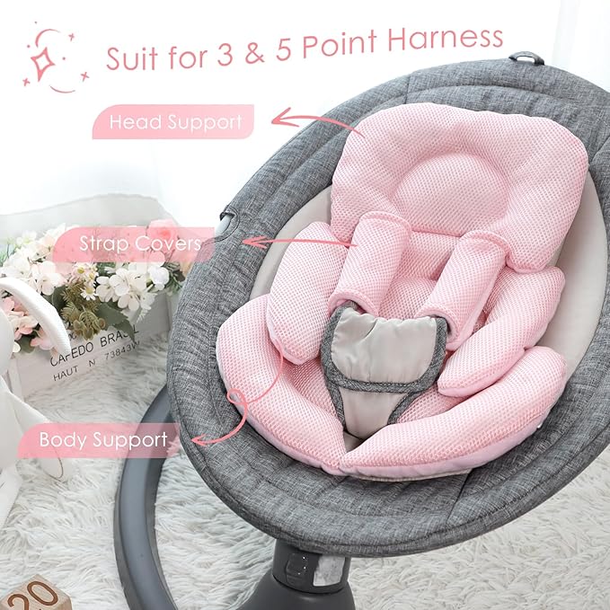 Infant Car Seat Insert for Newborn Girls Boys, Summer Mesh Baby Carseat Head Support with Strap Pads, Soft Reversible Baby Car Seat Insert Cushion Pad for Car Seat, Stroller, Bouncer, Swing, Pink-CubbioJoy