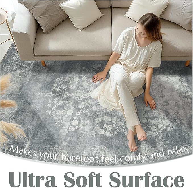 jinchan Vintage Floral 5x7 Area Rugs - Machine Washable Distressed Design Soft Ultra-Thin Low-Pile Non-Slip Carpet for Kitchen Bedroom Nursery Living Room Dining Room Home Office (5x7ft,Grey)-CubbioJoy