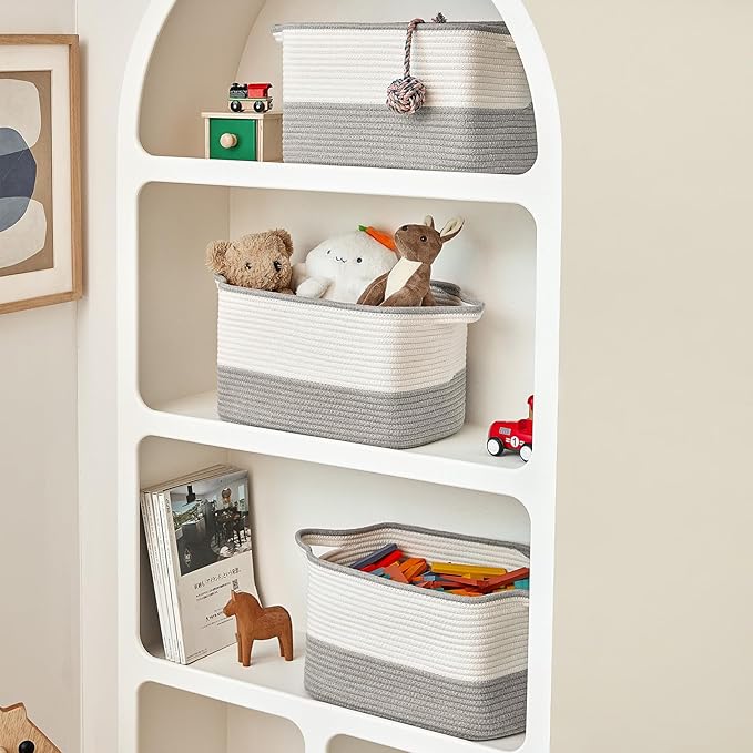 Cotton Rope Storage Basket Set of 3 (15"x10.2"x9.1") - Rectangle Storage Bins - Versatile Toy Storage Organizer - Perfect for Kids, Dog Toys, Books, Shelves - White & Grey-CubbioJoy