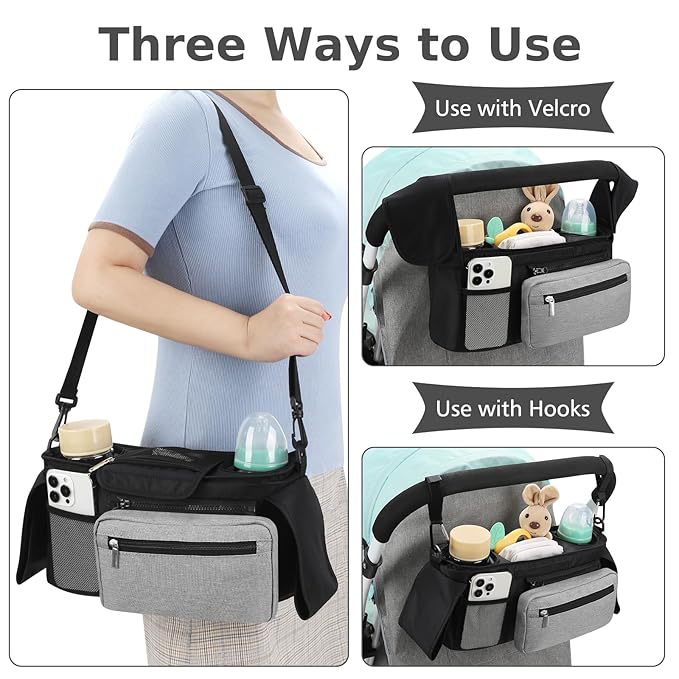Accmor Universal Stroller Organizer with Insulated Cup Holder Detachable Phone Bag and Shoulder Strap,Stroller Bag Caddy Organizer Fits for Uppababy, Baby Jogger, Britax Strollers-CubbioJoy