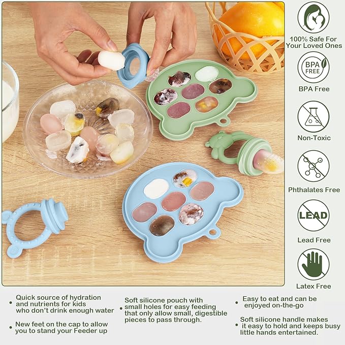 Baby Breastmilk Popsicle Molds & Baby Fruit Feeder (6 Pack), WAJIAYON Baby Food Freezer Tray Storage Containers, Silicone Teething Pacifier Feeder and Teether for Babies,Moss and Fawn Baby Feeder-CubbioJoy