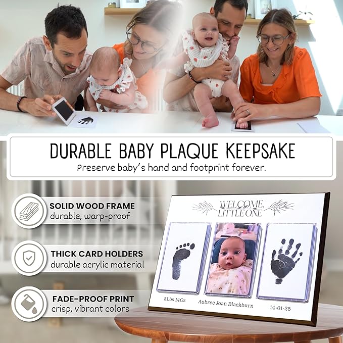 Baby Hand and Footprint Kit with Photo & Birth Details, Inkless Hand and Footprint Kit, Newborn Keepsake Plaque, Baby Shower Gifts (STYLE 1 (Fully Personalized) (Welcome Little One))-CubbioJoy