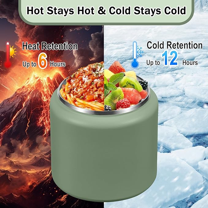 26oz Kids Jar for Hot Food, Insulated Vacuum Food Jar with Buckle Lid, Stainless Steel Wide Mouth Leak Proof Insulated Lunch Container for School Picnic Travel, Green-CubbioJoy