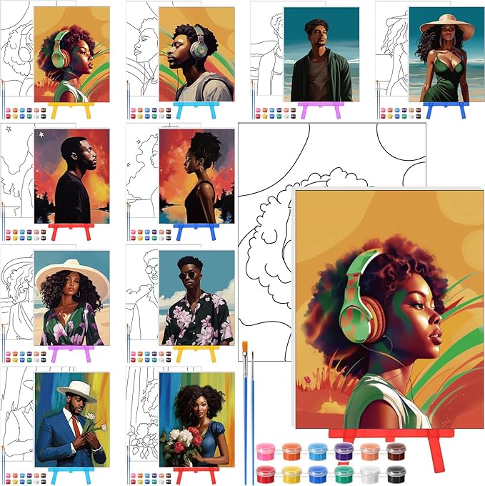 Blosssound 10 Set Pre Printed Canvas Pre Drawn Canvas Painting with Easel Kits 5" x 7" Outline Painting Panels for Beginners, DIY Craft Project, Party Favor, Home Decors(Black Couple)-CubbioJoy