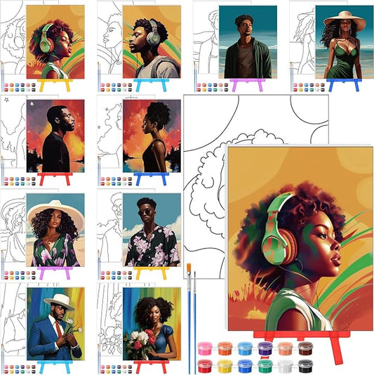 Blosssound 10 Set Pre Printed Canvas Pre Drawn Canvas Painting with Easel Kits 5" x 7" Outline Painting Panels for Beginners, DIY Craft Project, Party Favor, Home Decors(Black Couple)-CubbioJoy