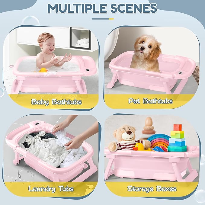 Collapsible Baby Bathtub,Baby Bath Tub with Thermometer & Soft Cushion,Baby Bathtub for Newborn to Toddler 0-36 Months,Portable Travel Baby Tub with No-Slip Feet,Baby Shower Gifts,Pure Pink-CubbioJoy