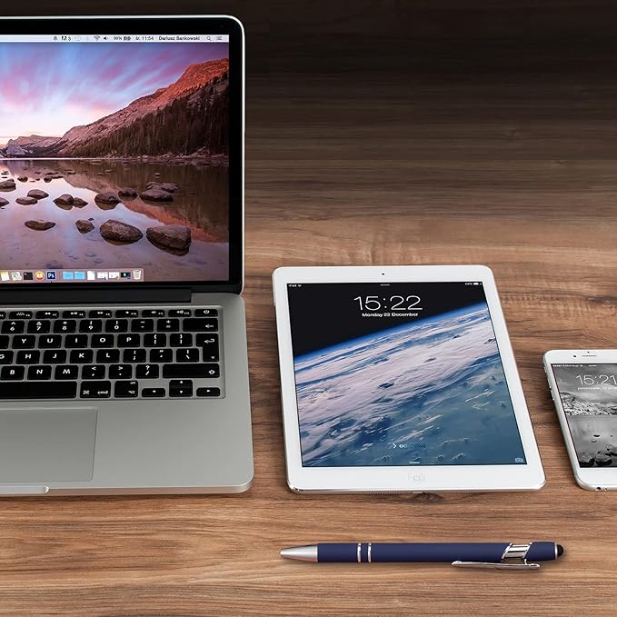 8 Pieces Ballpoint Pen with Stylus Tip Black Ink 2 in 1 Stylus Metal 1.0 mm Medium Point Smooth Pen Rainbow Colorful Rubberized Ballpoint for Touch Screen Tablet(Dark Blue)-CubbioJoy