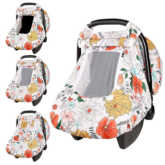 Baby Carseat Cover Girls, Pea Pod Infant Car Seat Covers Canopy for Newborn with 2 Layers Windows of Breathable Mesh/Fabric, Lightweight Polyester/Minky Dot Backing, Snug Fit Most Baby Car Seat-CubbioJoy