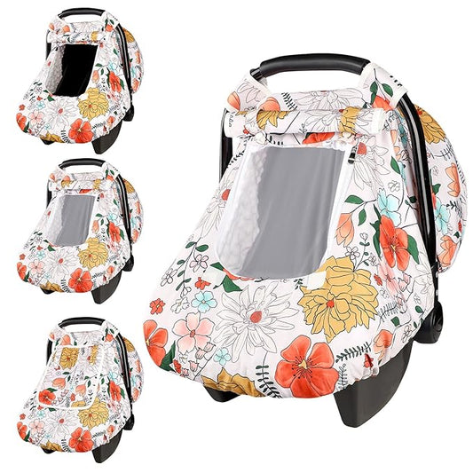 Baby Carseat Cover Girls, Pea Pod Infant Car Seat Covers Canopy for Newborn with 2 Layers Windows of Breathable Mesh/Fabric, Lightweight Polyester/Minky Dot Backing, Snug Fit Most Baby Car Seat-CubbioJoy