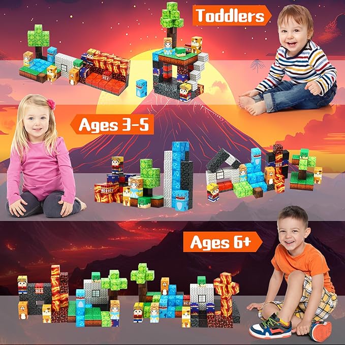 Dinosaur Magnetic Blocks,Dino Volcano World Magnet Building Toys, Sensory Montessori Toys for STEM Learning, Toddler Gift for Boys & Girls Age 3-4 4-5 6-8-CubbioJoy