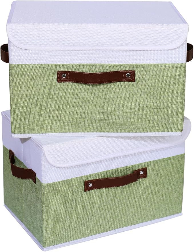 ANMINY 4PCS Storage Boxes with Lid Washable Decorative Storage Bins Basket with PU Leather Handle Foldable Linen Fabric Storage Cubes Containers for Home Closet Organizer - Green White, Large Size-CubbioJoy