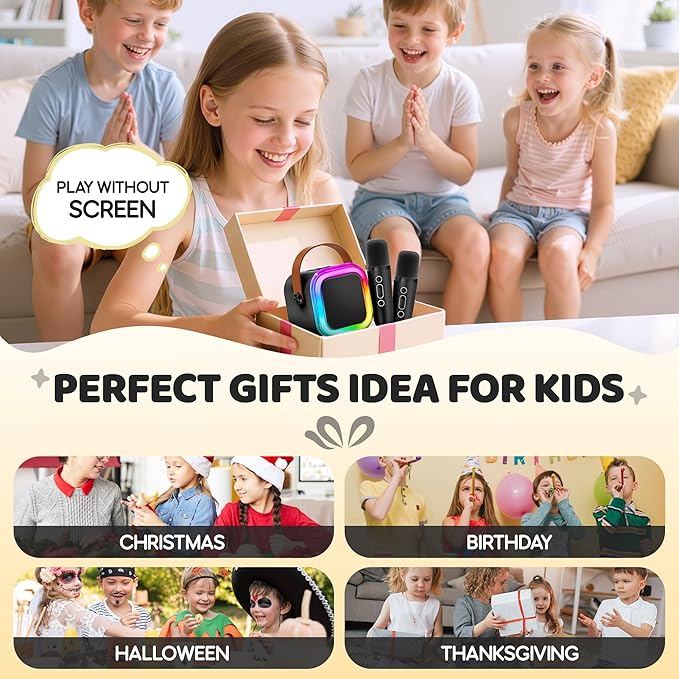 IROO Mini Karaoke Machine for Kids, 2025 TOP Toys Birthday Gifts Ideas for Girls Ages 4, 5, 6, 7, 8, 9, 10, 12+ Years Old, Portable MP3 Player with 2 Wireless Mics for Party(Black)-CubbioJoy