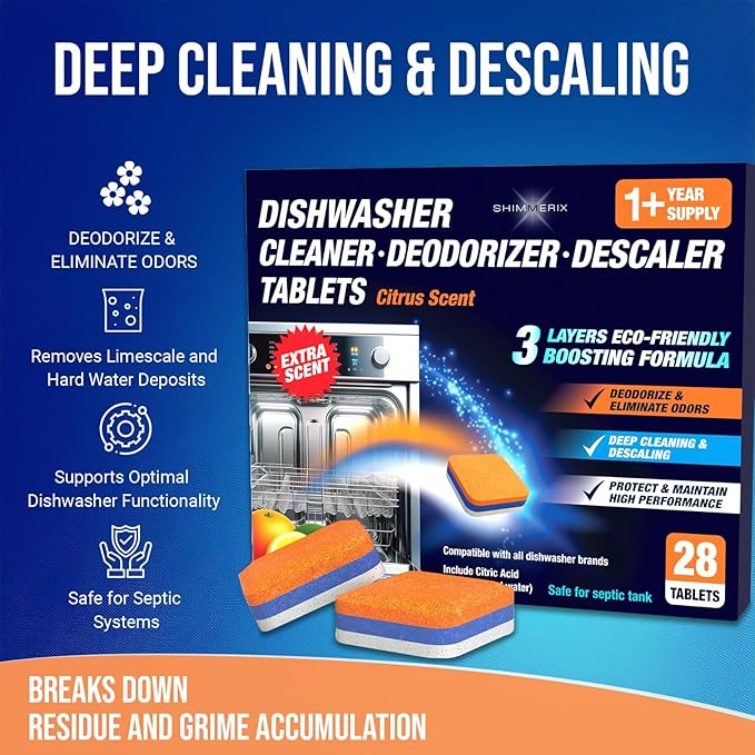 Dishwasher Cleaner Deodorizer Descaler Tablets - 56 Tabs - 1 Plus Year Supply - Extra Scented Deep Cleaning Sanitizer Pods - Remove Hard Water - Contain Citric Acid Heavy Duty Septic Safe - Citrus-CubbioJoy