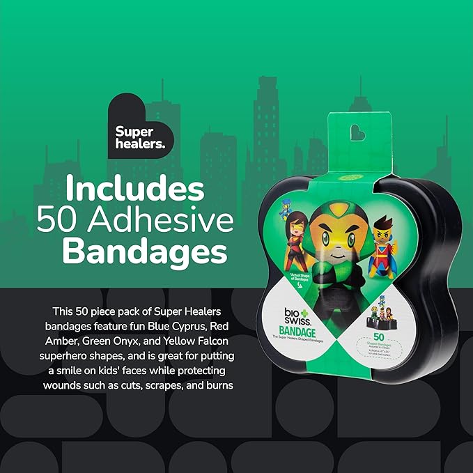 BioSwiss Bandages, Super Healers Superhero Shaped Self Adhesive Bandage, Latex Free Sterile Wound Care, Fun First Aid Kit Supplies for Kids and Adults, 50 Count-CubbioJoy