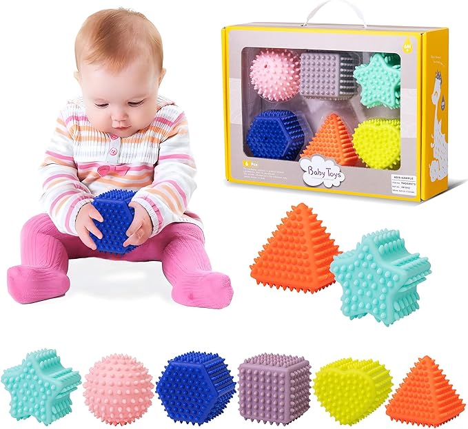 Baby Sensory Balls, Montessori Toys Soft Baby Balls 6 to 12 Months Textured Geometric Shapes for Babies' Sensory Development, Multicolor Bath Gifts Spiky Squeeze Ball for Infant Kids-CubbioJoy