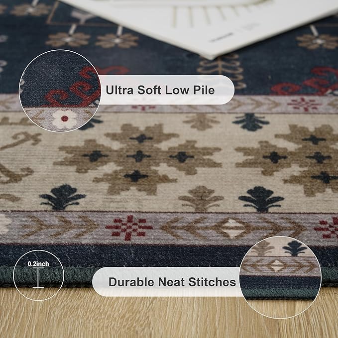 6x9 Washable Blue Area Rug for Living Room Bedroom, Boho Dining Room Rugs for Under Table, Large Low Pile Non-Slip Vintage Print Carpets for Farmhouse, Office, Dorm-CubbioJoy