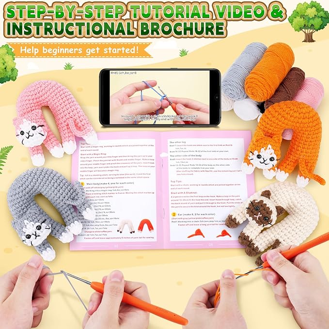 Crochet Kit for Beginners, 4 Pack Funny Cat Crochet Kits, Animal Starter Crochet Kit with Step-by-Step Video Tutorials, Easy DIY Cat Craft for Adults & Kids, Novelty Gift for Crochet Lovers-CubbioJoy