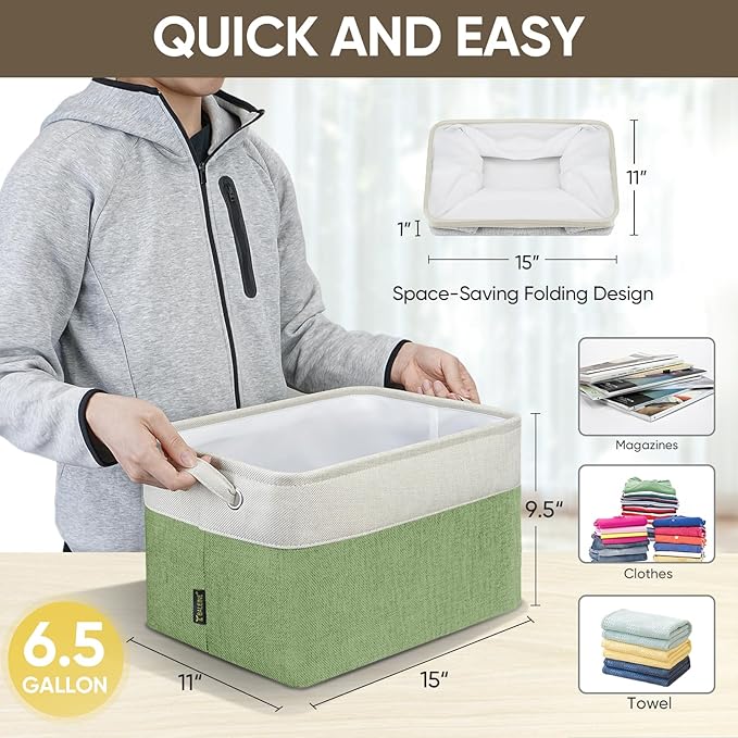 BALEINE 1 Pack Fabric Storage Bins for Shelves, Linen Storage Baskets for Organizing, Decorative Closet Bins for Clothes, Home (Green, 15''x11''x9.5'')-CubbioJoy