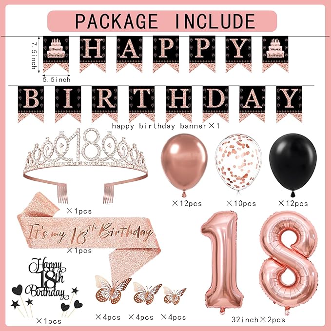 18th Birthday Decorations for Girls Women - 56pcs Rose Gold Happy 18th Banner, 18th Birthday Crown Sash, Cake Topper, Number 40 balloons, 3D Butterflies, 4 Balloon Stands kits-CubbioJoy