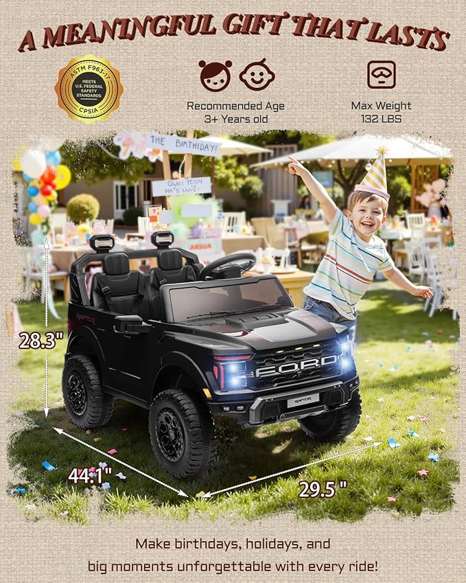 24V Ride on Toys for Big Kids, Licensed Ford F-150 Raptor 2 Seater Kids Ride on Car w/Remote Control, Toddler Electric Car w/LED Lights, Bluetooth, Truck Bed Storage, Soft Start (Black)-CubbioJoy