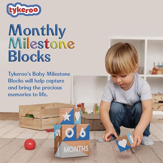 Baby Monthly Milestone Blocks — Cute Nursery Decor — Lovely Newborn Photography Props — Baby Shower Gifts (Blue & Gray)-CubbioJoy
