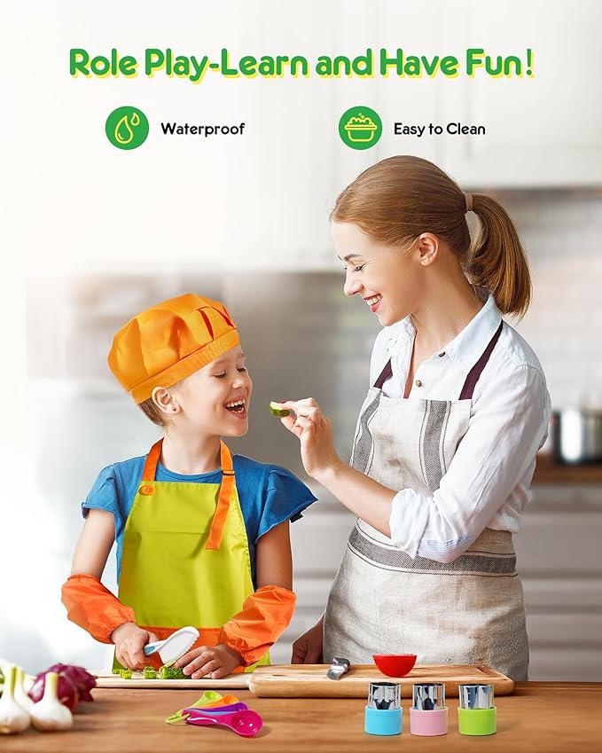 38 Pcs Kids Knife Set, BPA Free Montessori Kitchen Cooking Tools-Kid Safe Knifes, Crinkle Cutters, Avocado Slicer, Cutting Board, Peeler, Apron Gloves Set, Kitchen Tools for 3+ Year Old Girl Boy-CubbioJoy