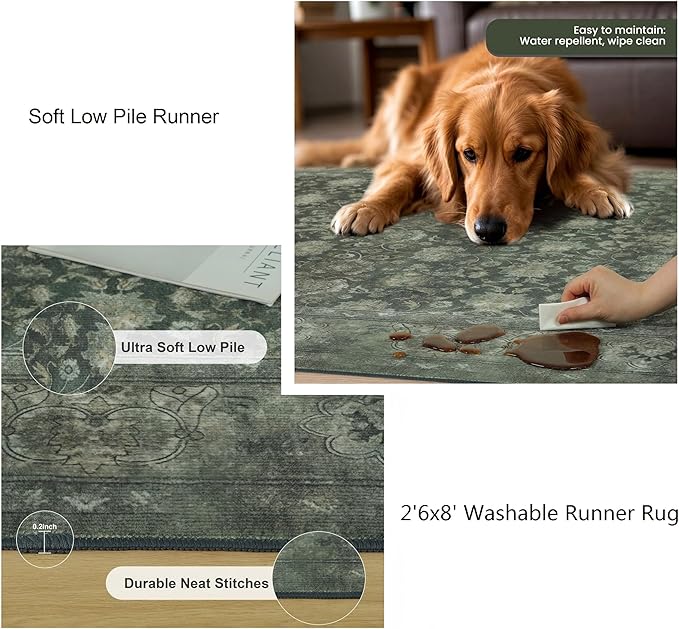 5x7 Washable Area Rug for Living Room, Non Slip Vintage Floral Rugs for Bedroom, Retro Indoor Floor Carpet for Kitchen, Dining Room, Farmhouse, Classroom (Distressed Green)-CubbioJoy