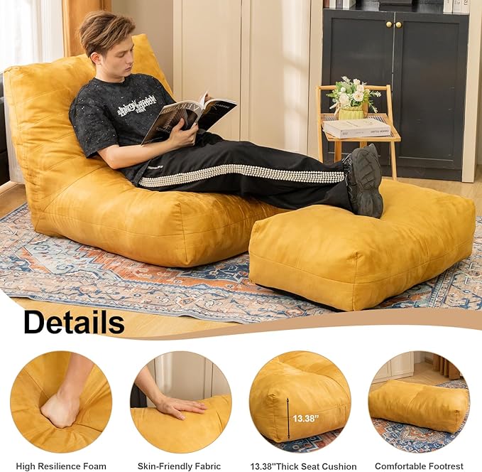 Bean Bag Chair with Ottoman, Comfy Bean Bag Sofa with Memory Foam, Lazy BeanBag Sofa with Footstool, Fireside Bean Bag Couch for Living Room, Bedroom, Apartment-CubbioJoy