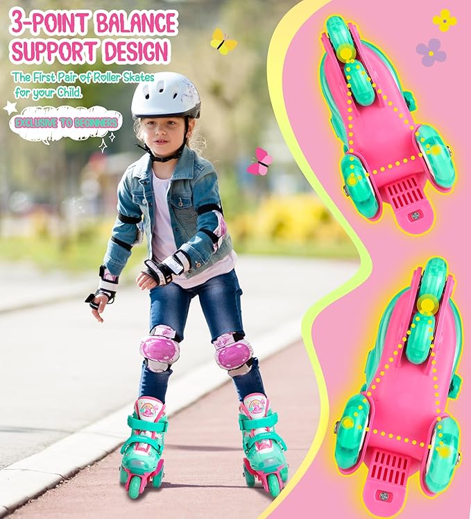 Adjustable Roller Skates for Kids Girls Ladies with Light Up Flash LED Wheels(Age 3-9),Three-Point Type Balance,Gift Box Packing for Toddlers,Children-CubbioJoy