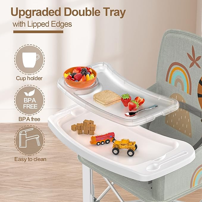 Baby Travel Booster Seat with Double Tray, BabyBond Upgraded Toddler Portable Baby Chair, Booster Seat for Dining Table, Stable and Foldable Booster Baby Chair for Indoor/Outdoor (Grey Lion)-CubbioJoy