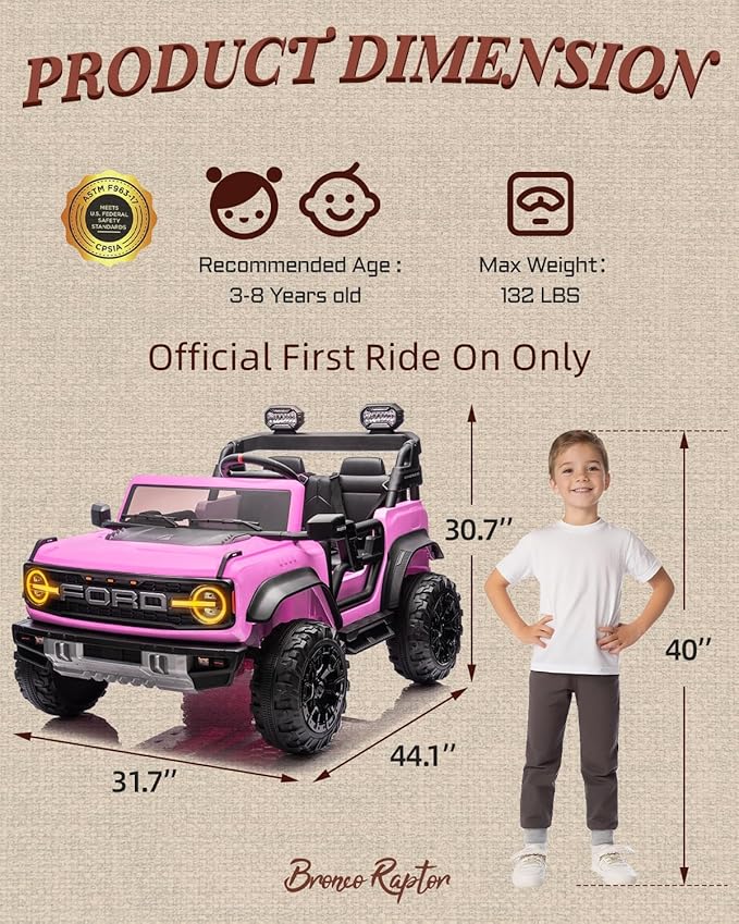 24V Ride on Toys for Big Kids, Licensed Ford Bronco Raptor 2 Seater Ride on Cars with Remote Control, Ride on Truck w/ 4-Wheeler Suspension, 3 Speeds, Led Lights, Bluetooth (24V, Pink)-CubbioJoy