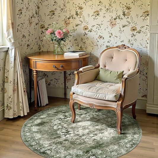 jinchan Round Rug 4ft Area Rug - Green Vintage Floor Mat Kitchen Indoor - Washable Circle 4' Thin Floral Print Carpet Retro Farmhouse Non Slip Dining Room Living Room Bedroom Office-CubbioJoy