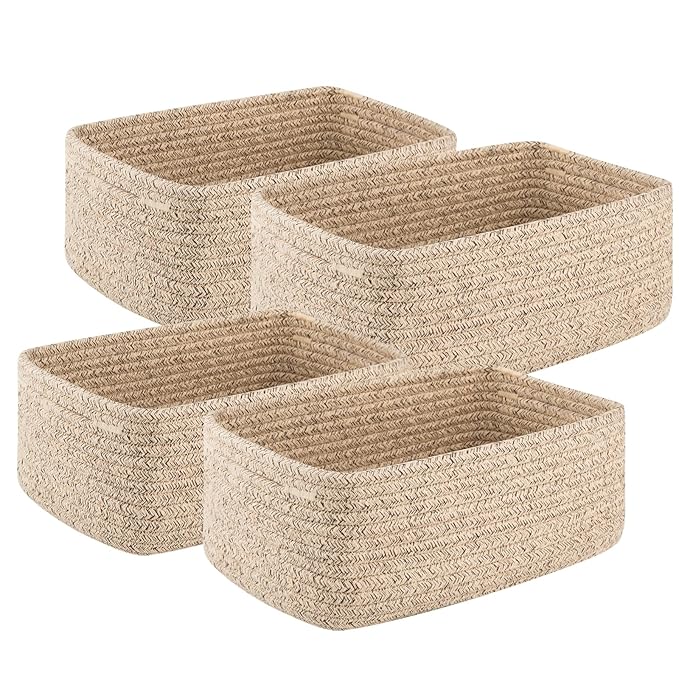4 Pack Small Storage Shelf Baskets for Organizing, Mini Woven Rope Storage Bins for Towels, Cute Decorative Closet Organizer，Baby Nursery, Gift Empty Baskets -13''Lx8.66''Wx5.11''H-Brown-CubbioJoy