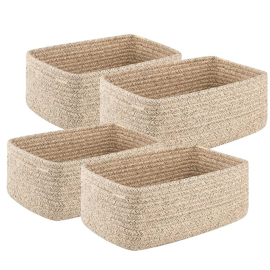4 Pack Small Storage Shelf Baskets for Organizing, Mini Woven Rope Storage Bins for Towels, Cute Decorative Closet Organizer，Baby Nursery, Gift Empty Baskets -13''Lx8.66''Wx5.11''H-Brown-CubbioJoy