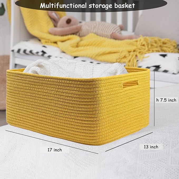 COMFY-HOMI Cotton Rope Woven Basket with Handles for Shelves,Toys,Book, Cloth Storage Baskets for Organizing-17" x 13" x 7.5" Toy Decorative Organizer for Living Room, Bathroom （Yellow）-CubbioJoy