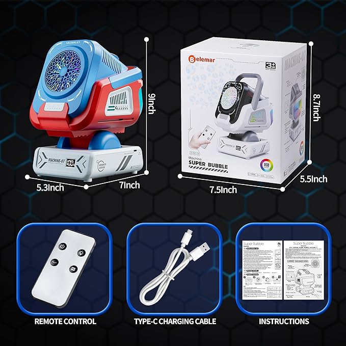 2025 Upgraded Bubble Machine with Remote Control, Automatic Rotation & RGB Lights, 1800mAh Rechargeable Battery, Type-C Charge, Bubble Maker for Kids, Weddings, Birthday Parties, Outdoor Activities-CubbioJoy