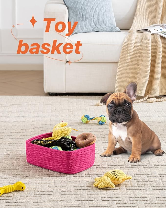 KALLAX Small Woven Basket, 12 x 8 x 4.5 Inches, Storage Basket for Organizing, Cute Small Rope Shelf Closet Cube Storage Bins Baskets for Shelves, Dog Toy Gift Baskets Empty, 3 Packs, Hot Pink-CubbioJoy