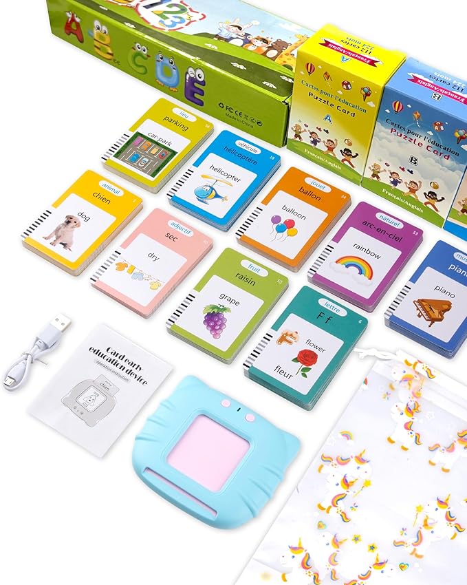 510 Words French Flash Cards for Kids, Toddler Learning Resources Toy, Autism Sensory Toys for Autistic Children Age d 2-4 Blue (French/English/Bilingual)-CubbioJoy