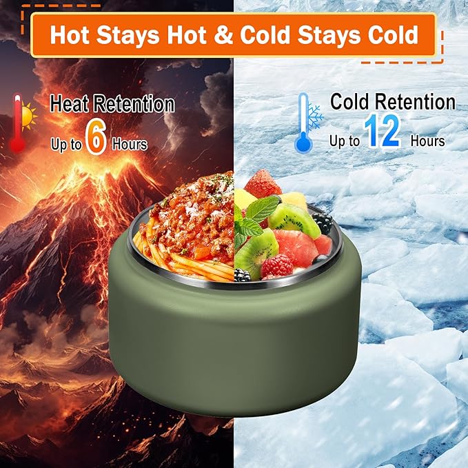 13.5oz Kids Thermos for Hot Food, Insulated Vacuum Food Jar with Buckle Lid, Stainless Steel Wide Mouth Leak Proof Insulated Lunch Container for School Picnic Travel, Green-CubbioJoy