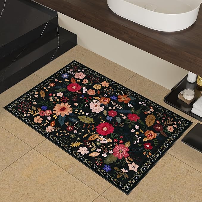2x3 Washable Rug for Entryway, Floral Soft Small Area Rug, Non Slip Doormat Indoor Entrance Carpet, Flower Low Pile Front Door Throw Rug for Bedroom, Kitchen, Laundry, Bathroom, Black-CubbioJoy